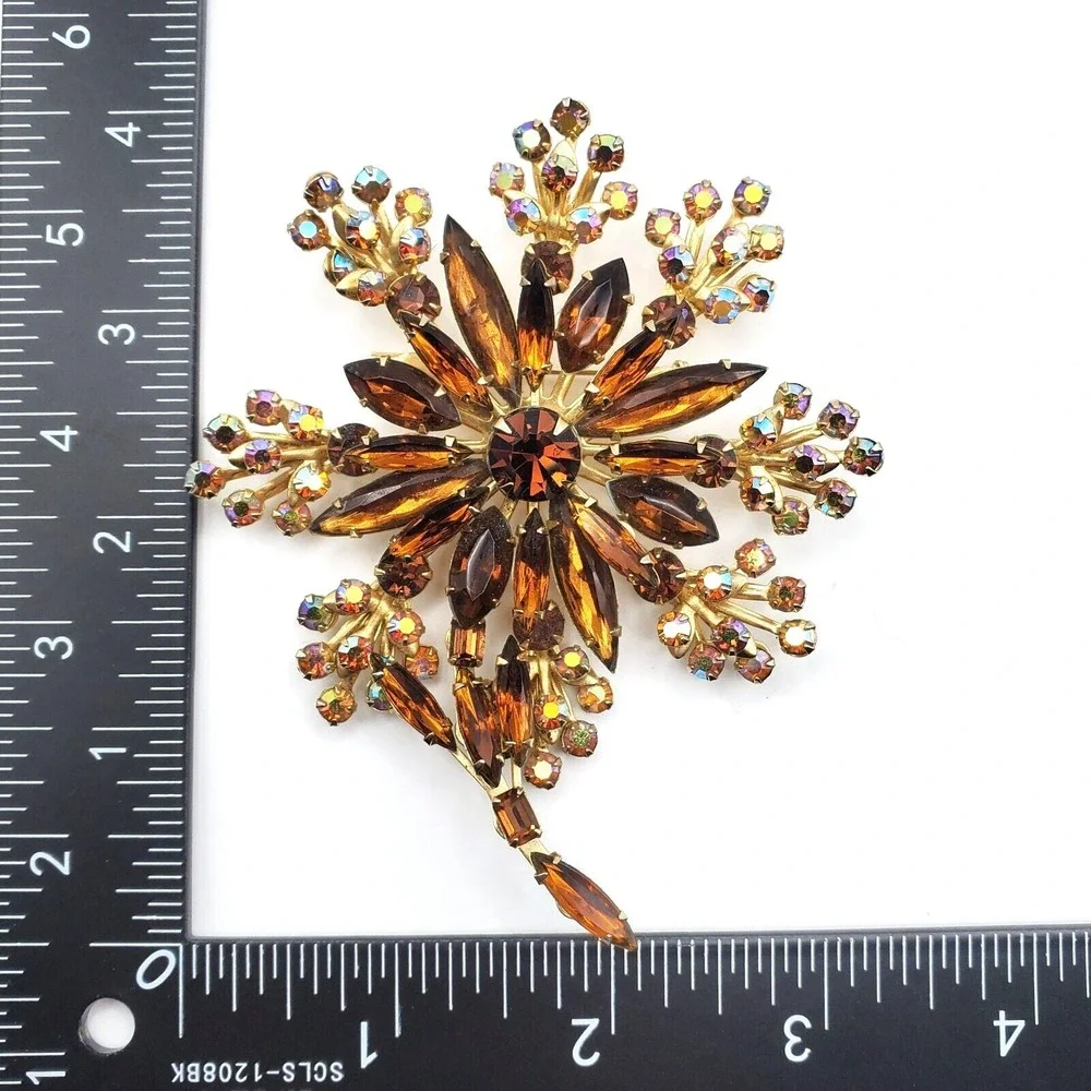 Huge Vintage Brown Rhinestone Brooch AB Floral Spray Flower Giant Oversized Pin